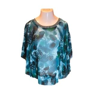 CHENAULT Lovely Sheer Green Print Batwing Top w/ Bling Neckline Size M